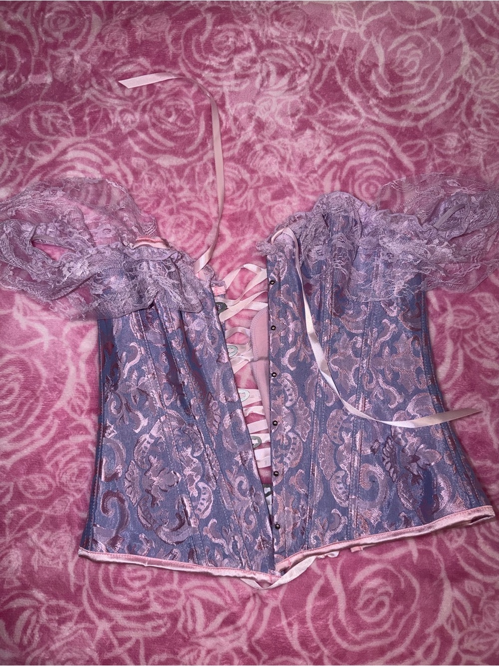 Lavender Lace-Trim Brocade Corset Top - Women's Shapewear